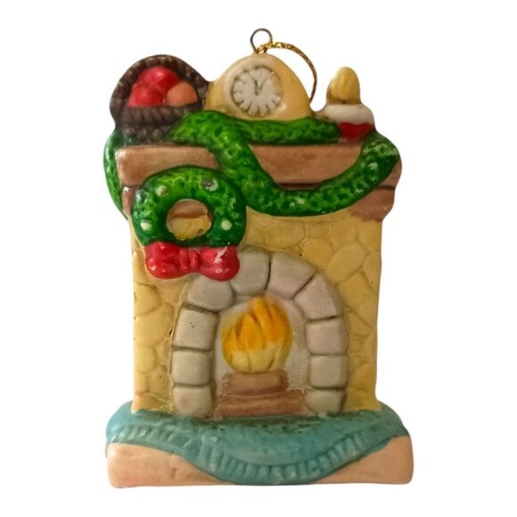 Fireplace Christmas Ornament Ceramic Bisque Porcelain Painted Vtg 80s Holiday. - Picture 8 of 13